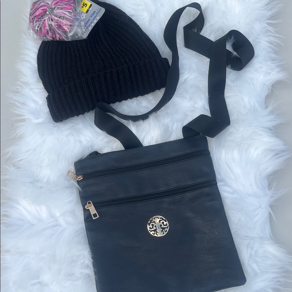 Black Crossbody Bag with Gold Accent and a beanie